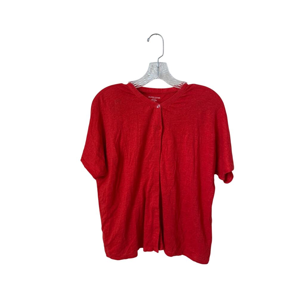 Eileen Fisher Red/Orange 100% Organic Linen Button Up Short Sleeve Top Medium
